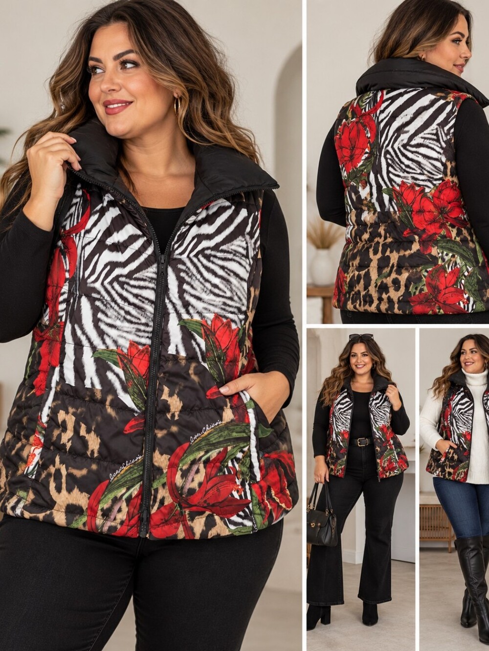 🌺 Chico’s Animal Print Floral Quilted Puffer Vest Size 3 XL